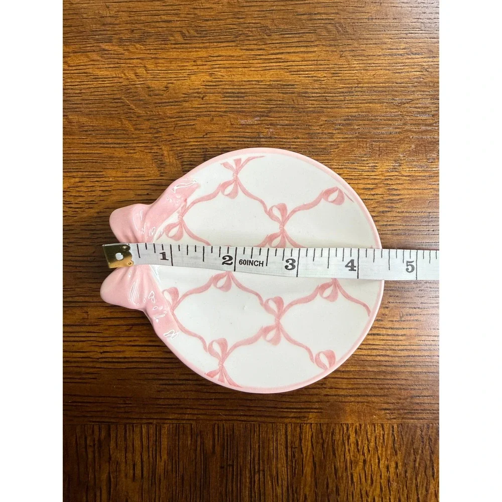 Market Square Pink Bow‎ Ceramic Trinket Dish Jewelry Tray Coquette White Round